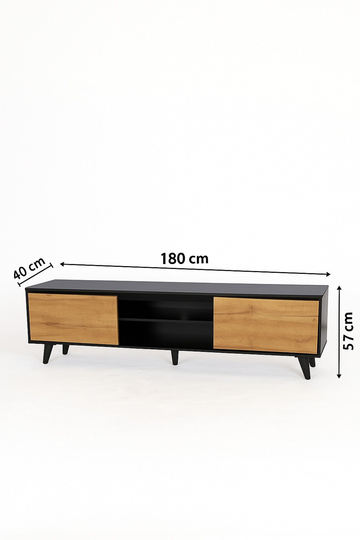 Walnut and Black Wooden TV Stand 180_40_57 cm Ð Modern 2-Door TV Unit with Open Shelves