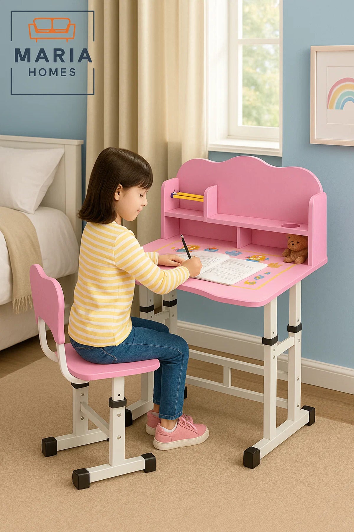 Pink Adjustable Kids Study Desk and Chair Set with Storage Shelf and Abacus