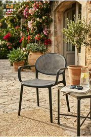 Modern Outdoor Dining Chair with Rattan-Style Backrest, Supportive Armrests and Durable Frame for Garden, Patio, Balcony, Café and Restaurant