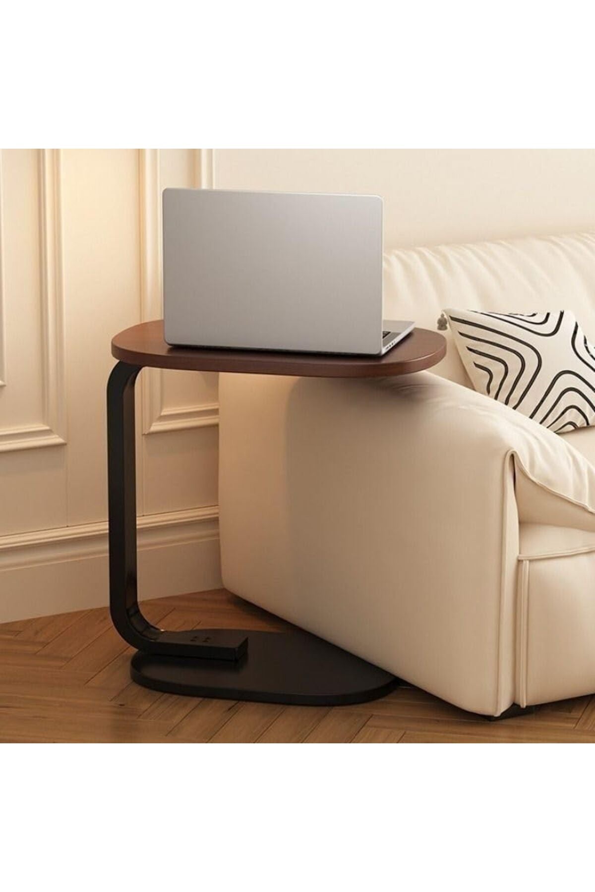 C-Shaped Side Table with Brown Wood Top and Black Metal Frame 4 pcs set