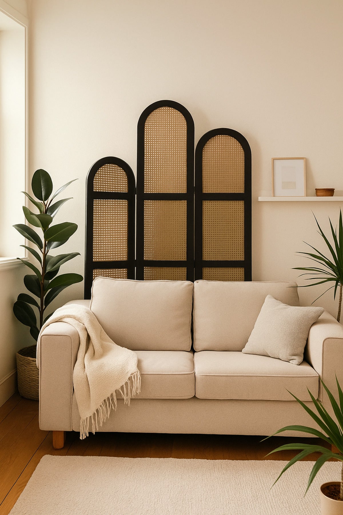 3-Panel Rattan Room Divider with Black Frame Ð 121_180 cm Modern Arched Privacy Screen