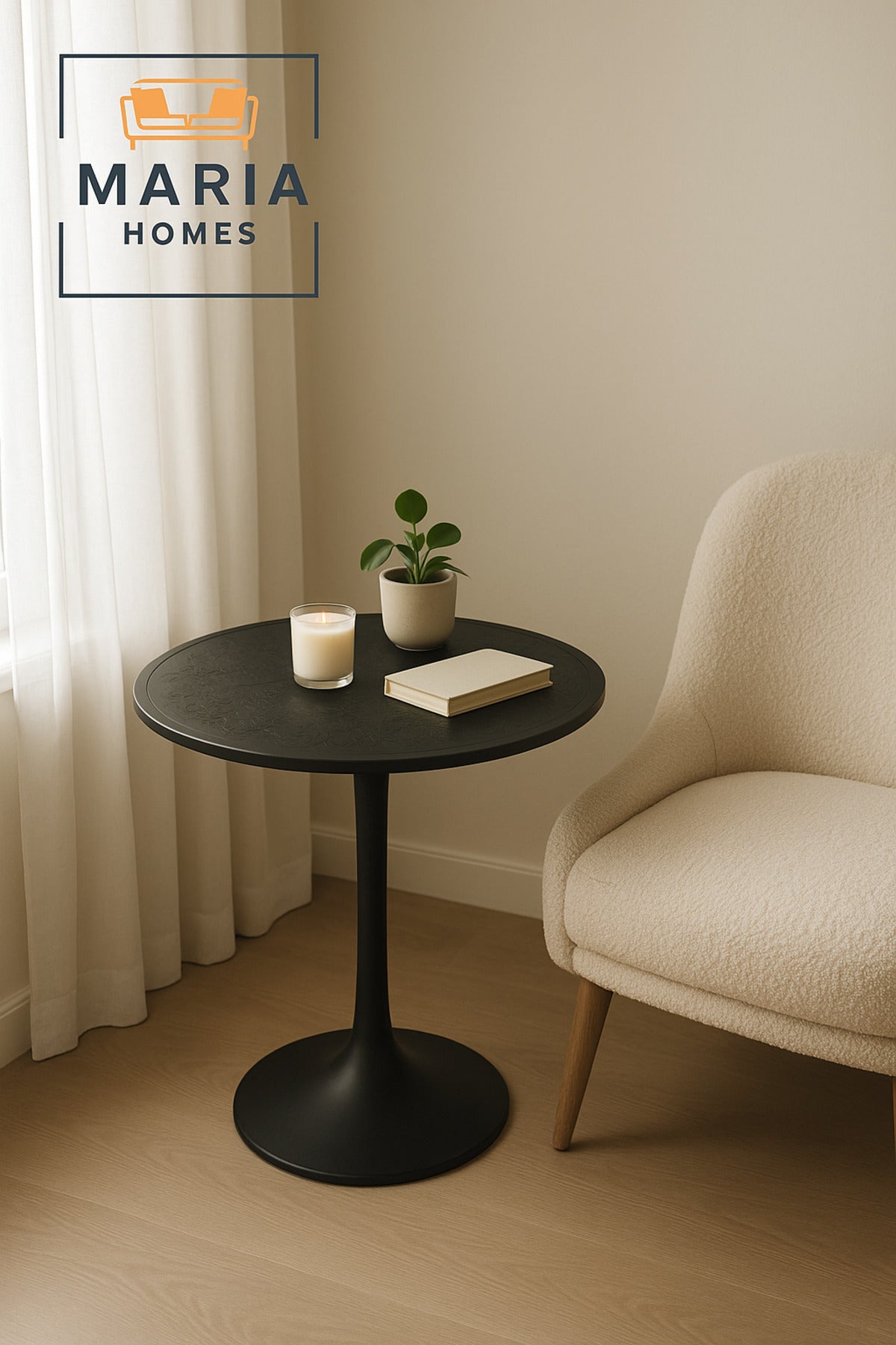 Modern Black Metal Side Table 40x40x55 cm | Round Coffee Table for Living Room & Bedroom