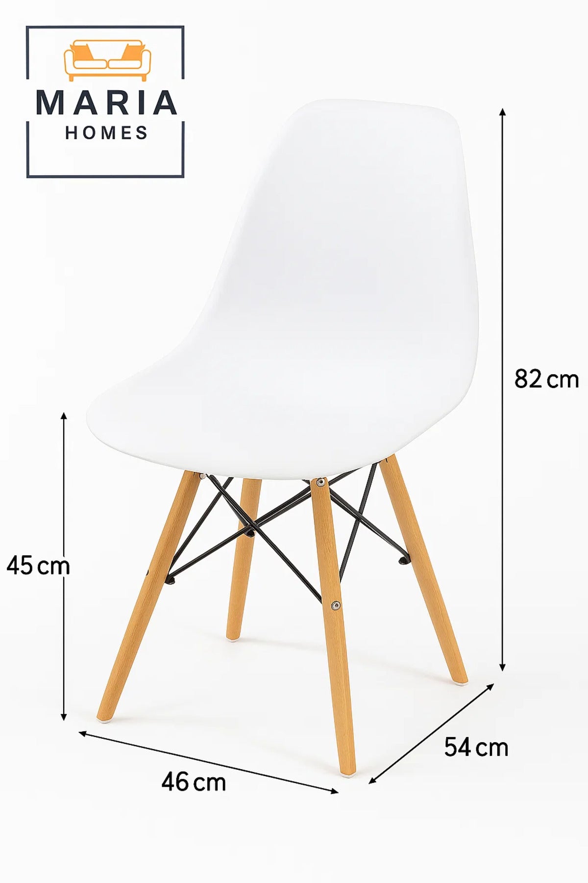 1-Piece Modern Plastic Chair with Wooden Legs, Shell Lounge, White - 70H x 40L x 40W cm