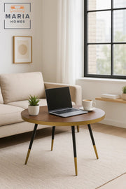Modern Round Coffee Table Walnut Top with Gold Trim & Black Legs for Stylish Living Rooms