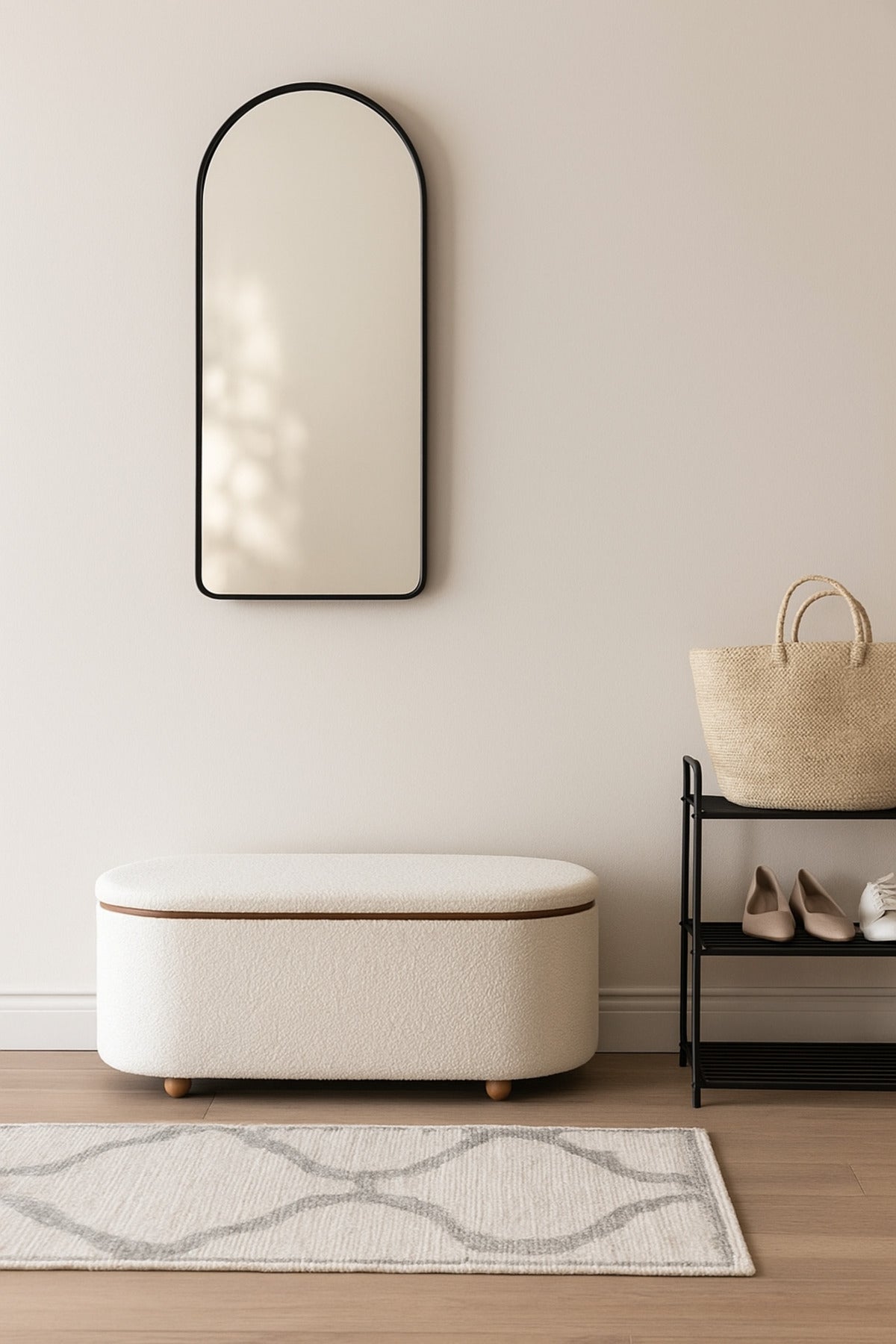 White Oval Storage Ottoman Bench with Wooden Base Ð Modern Bedroom Seat 88_35_40 cm