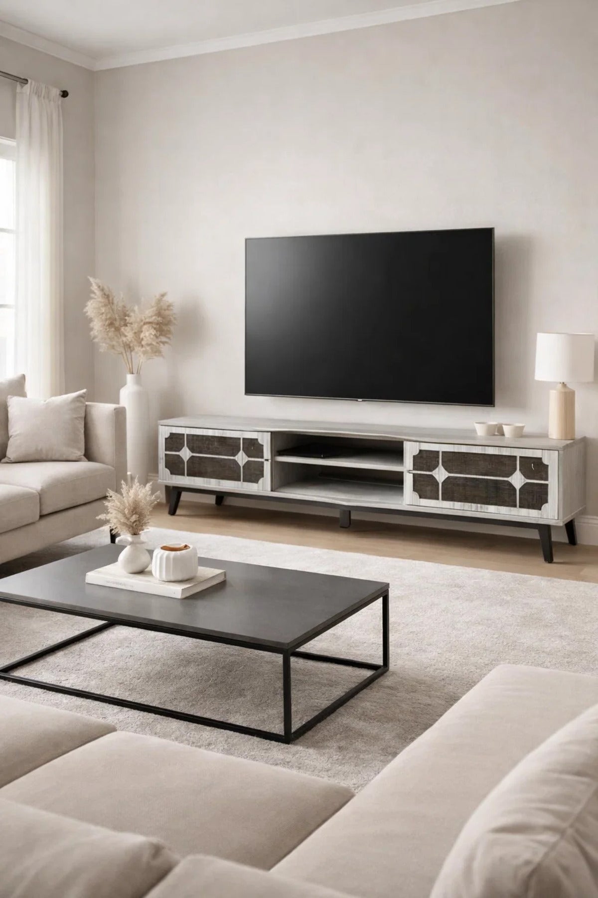 Grey Modern TV Unit 180cm Wide Media Stand with Shelving and Patterned Doors for Living Rooms