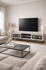 Grey Modern TV Unit 180cm Wide Media Stand with Shelving and Patterned Doors for Living Rooms