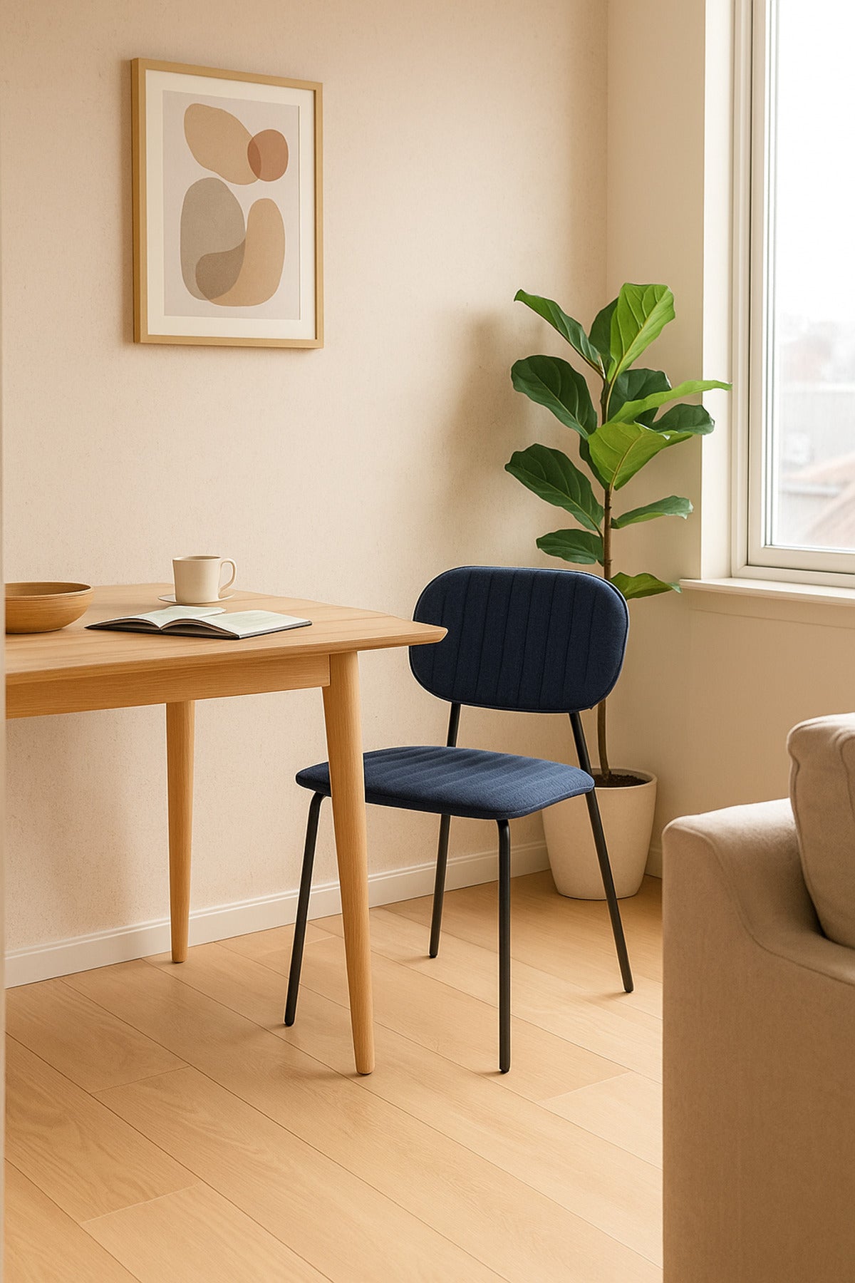 Dark Blue Fabric Dining Chair Ð Modern Minimalist Chair with Black Metal Legs for Dining Room