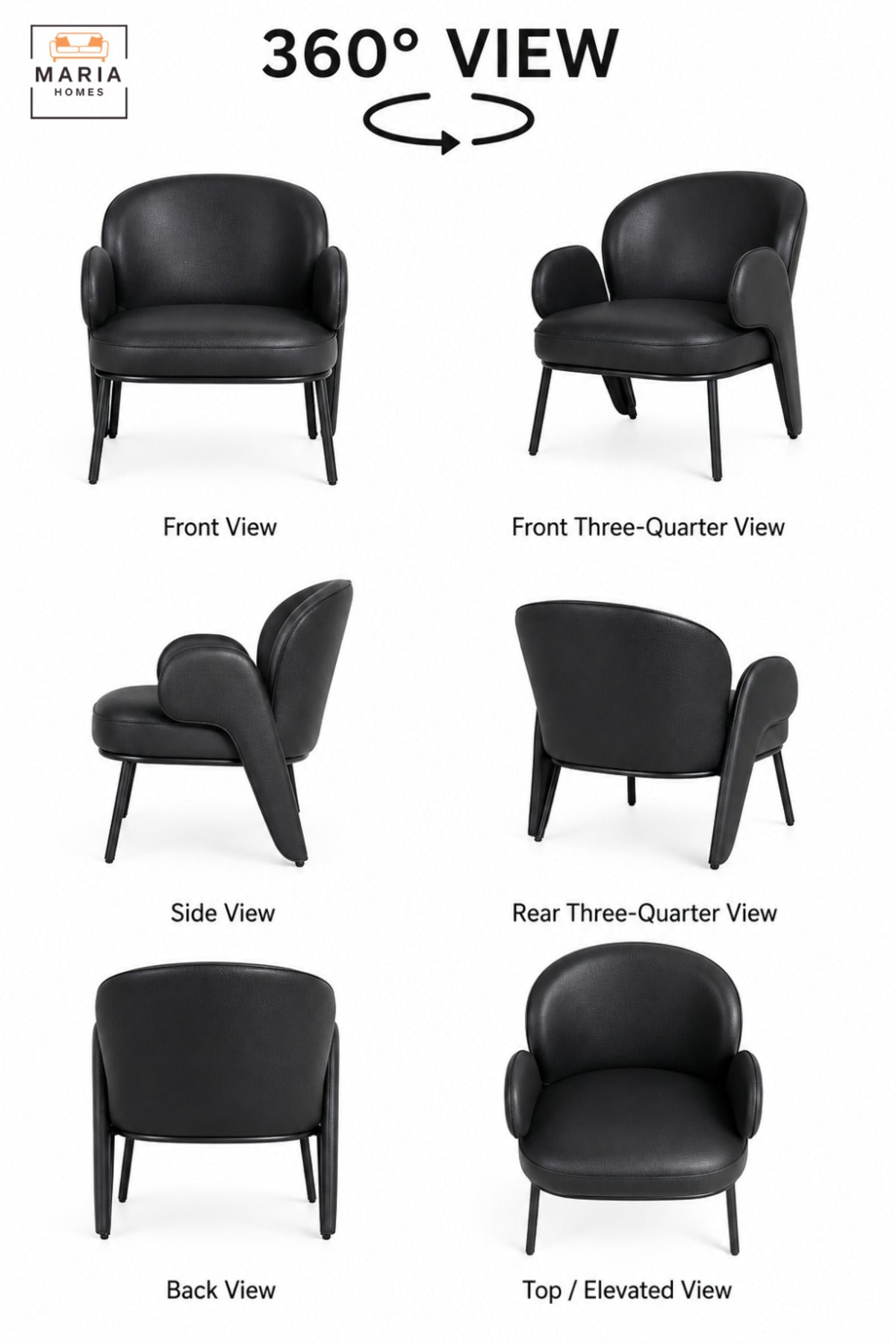 Modern Black Leather Accent Armchair with Curved Backrest, Padded Seat, Unique Armrests & Slim Metal Legs for Living Room Bedroom Office Lounge
