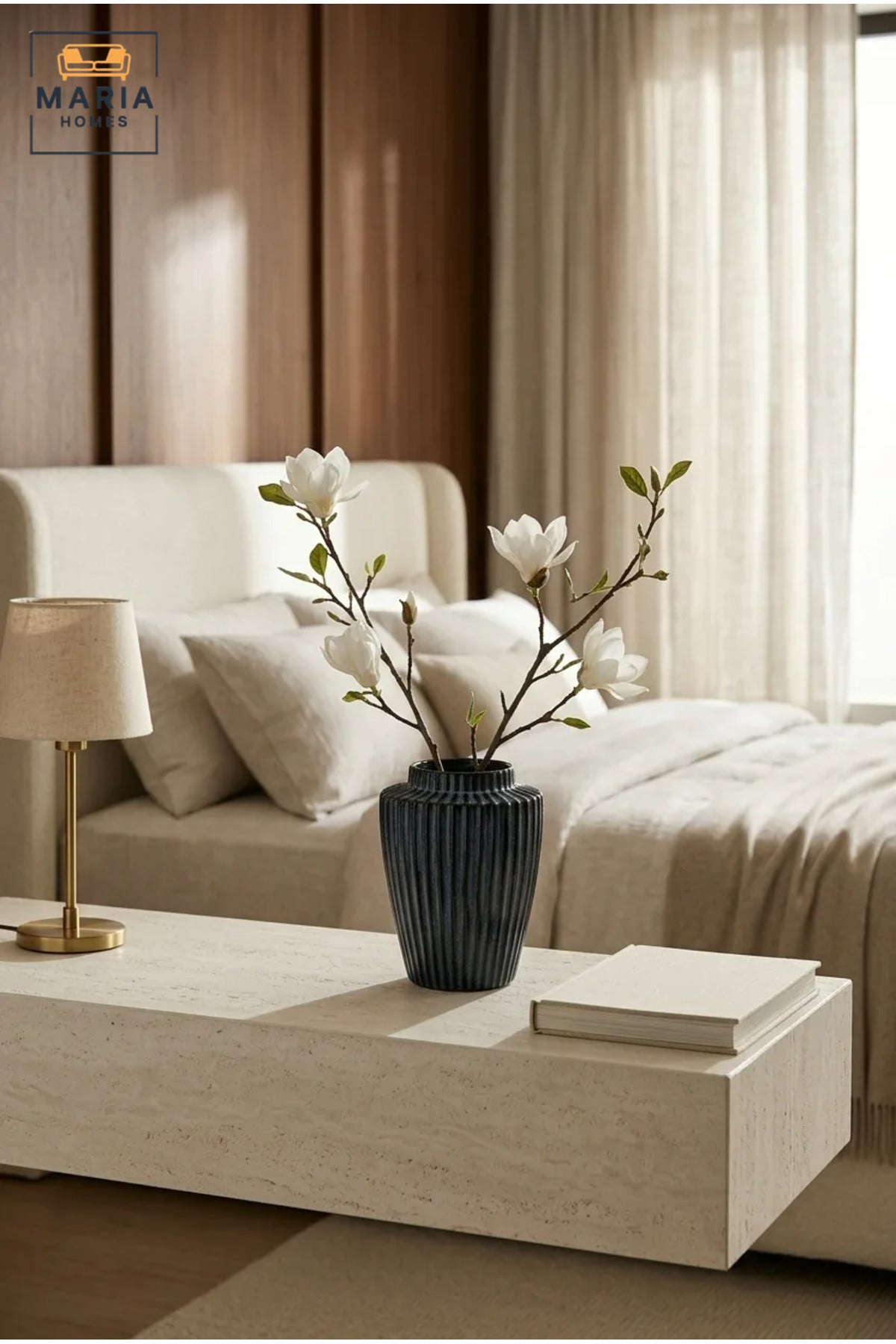 Blue Ribbed Decorative Vase, Modern Tapered Flower Holder with Wide Opening for Dried Flowers, Living Room, Bedroom, Office, Shelf and Table Décor
