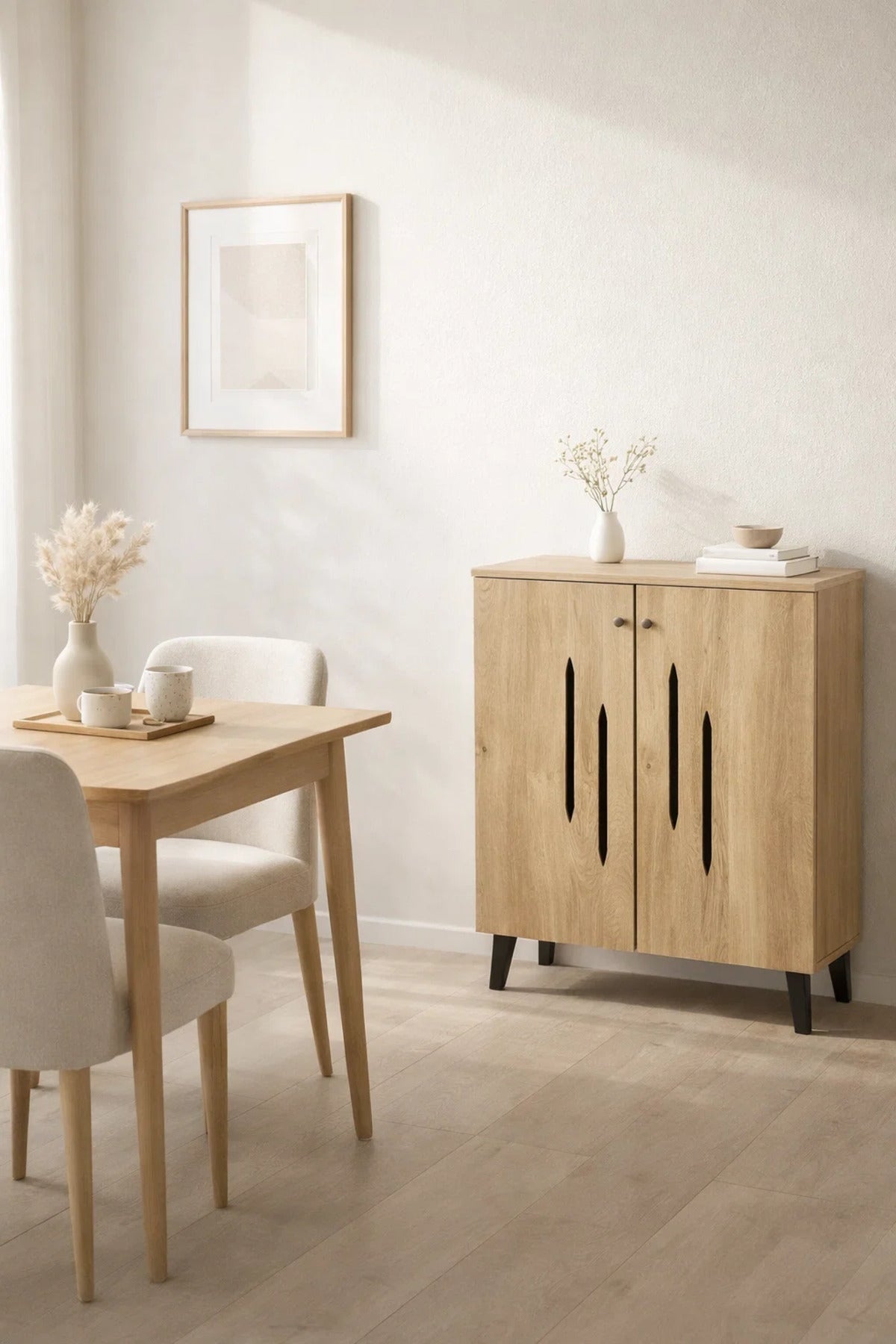 Modern Wooden Shoe Cabinet Light Brown with Vertical Cut Out Design 80 x 32 x 94 cm