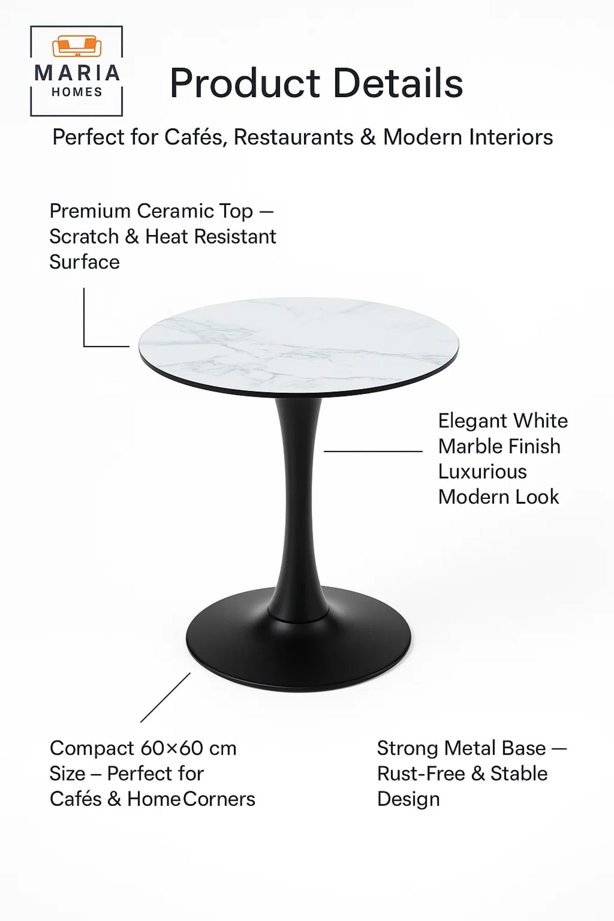 Round White Marble Dining Table √ê Modern Caf≈Ω, Restaurant, Office & Home Metal Furniture 60_60 cm