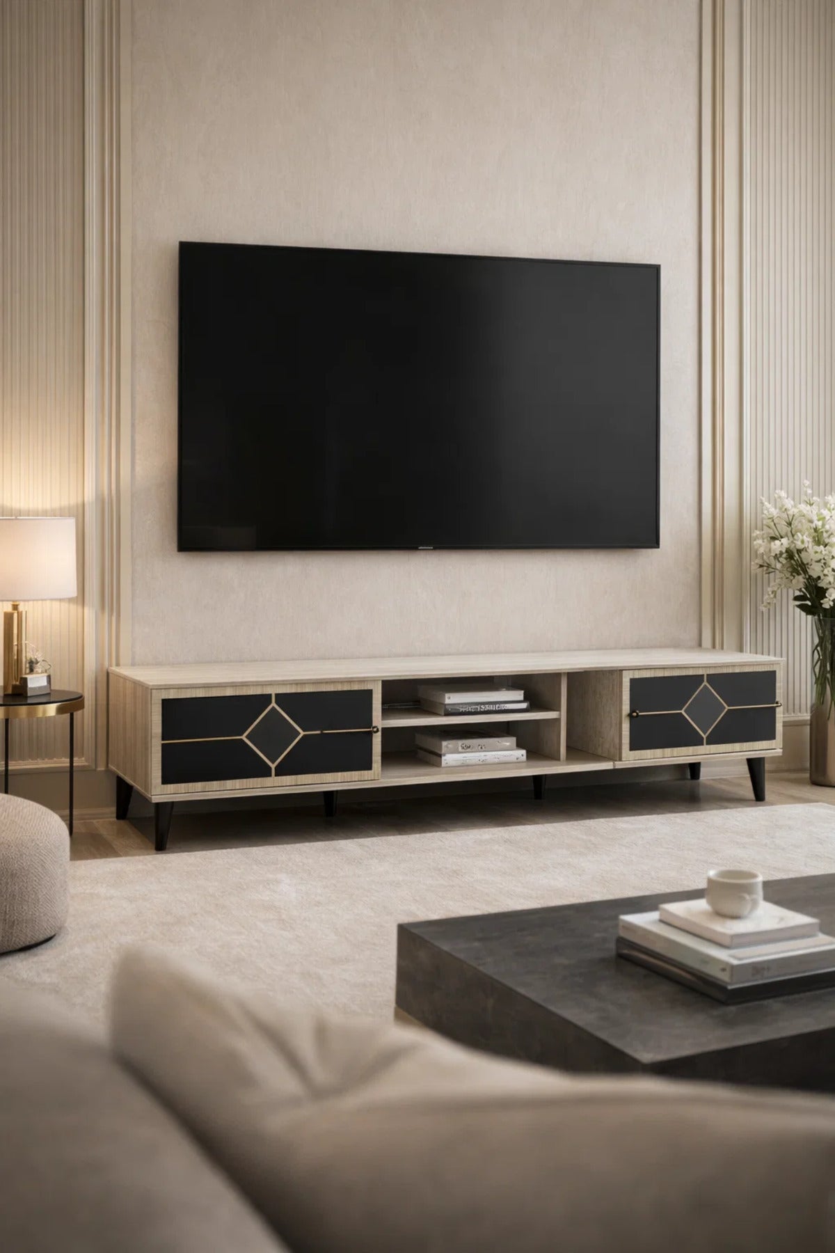 Elegant Beige TV Stand Console with Black Diamond Pattern Doors and Gold Tipped Legs 200cm Width