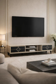 Elegant Beige TV Stand Console with Black Diamond Pattern Doors and Gold Tipped Legs 200cm Width
