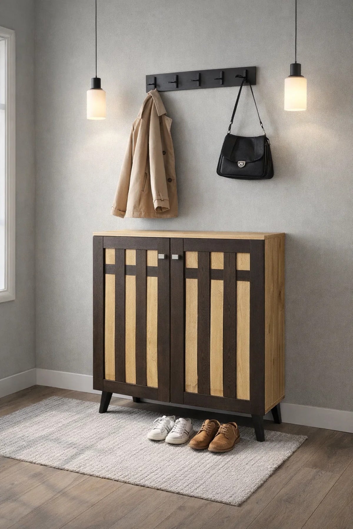 Modern Wooden Shoe Cabinet 2-Door Entryway Storage Organizer Rack Two-Tone Brown Finish 80cm