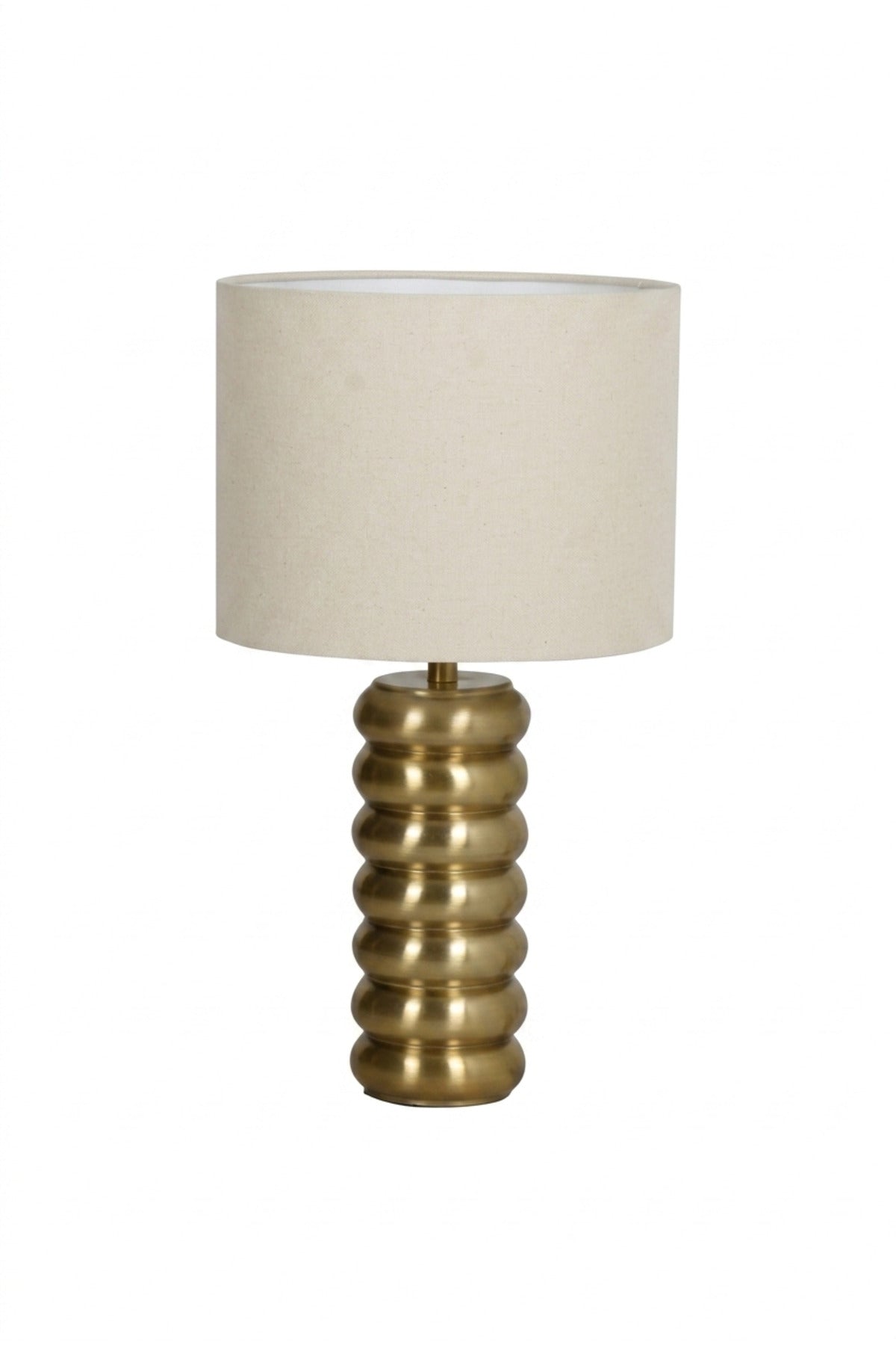Modern Gold Ribbed Table Lamp with Fabric Drum Shade Sculptural Bedside Light for Bedroom Living Room Office Console Table and Hotel Décor