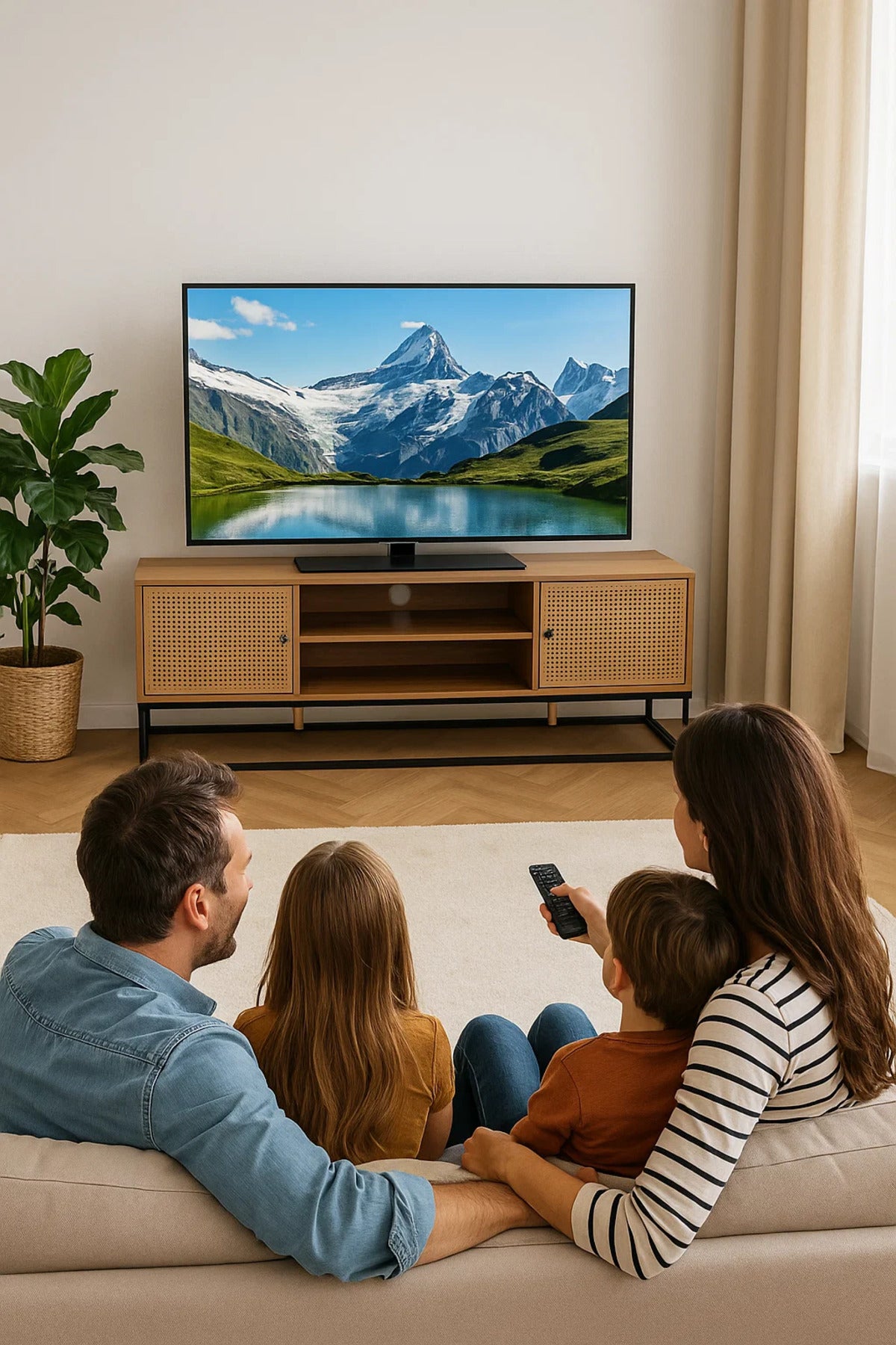 Natural Wood TV Stand with Woven Rattan Doors and Metal Frame Ð 160x39x48cm Media Console