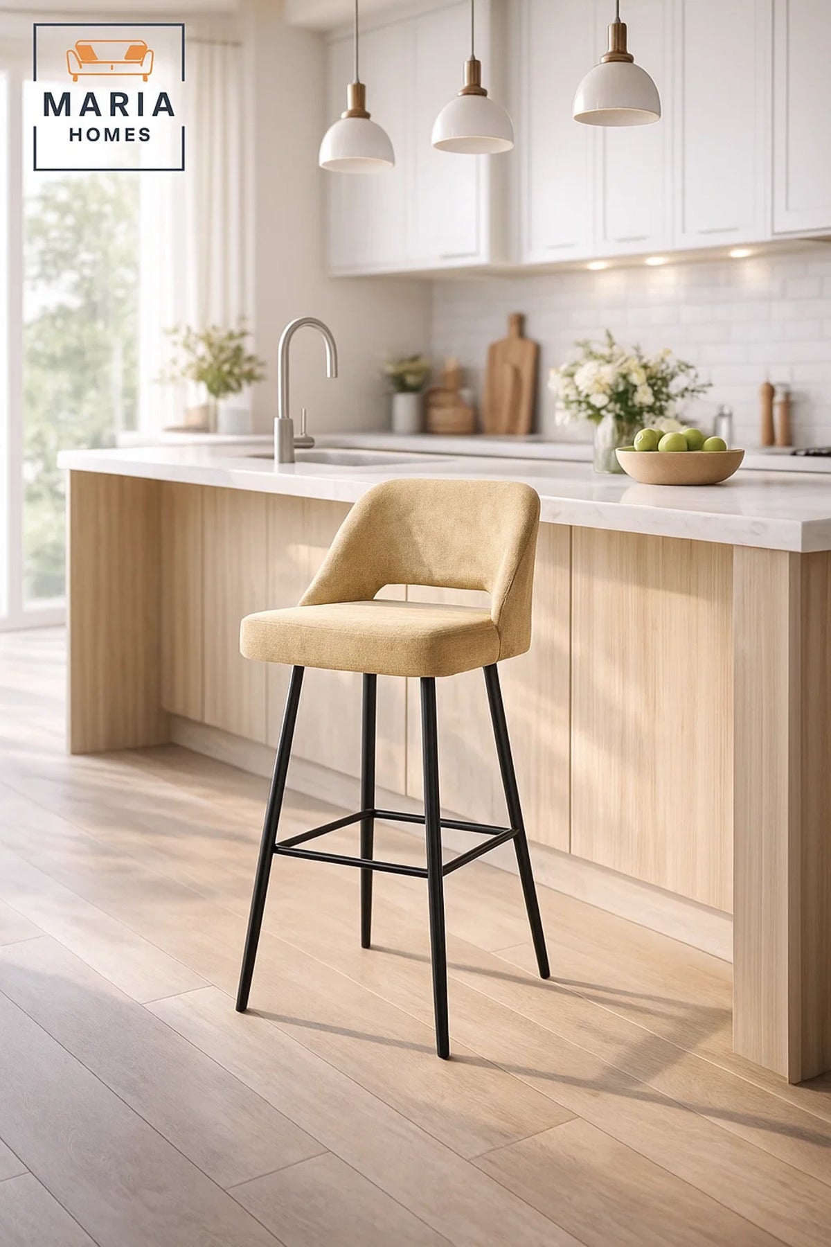 Modern Upholstered Bar Chair Yellow High Stool with Metal Legs