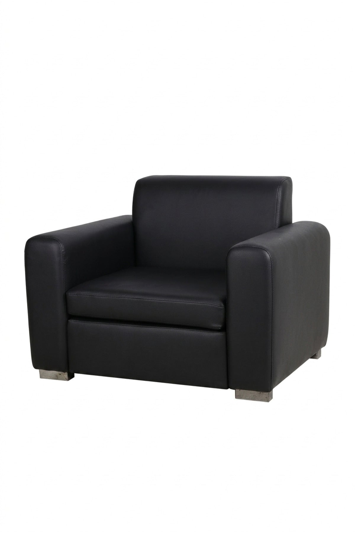 Modern Black Leather Armchair with Wide Padded Armrests, Cushioned Seat & Low Metal Feet, Contemporary Lounge Accent Chair for Living Room Office Reception