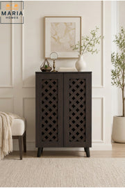Dark Wooden Shoe Cabinet Storage Organizer with Decorative Doors Entryway Shoe Rack Cabinet
