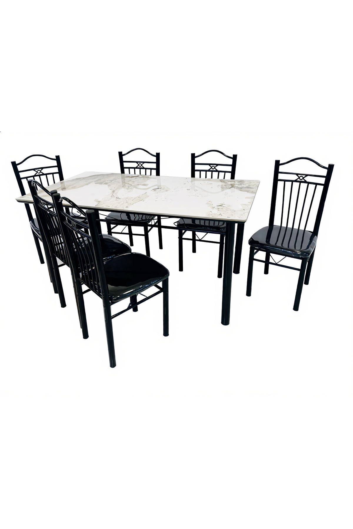Elegant Beige Marble Dining Table Set with 6 Black Cushioned Chairs Modern Dining Furniture
