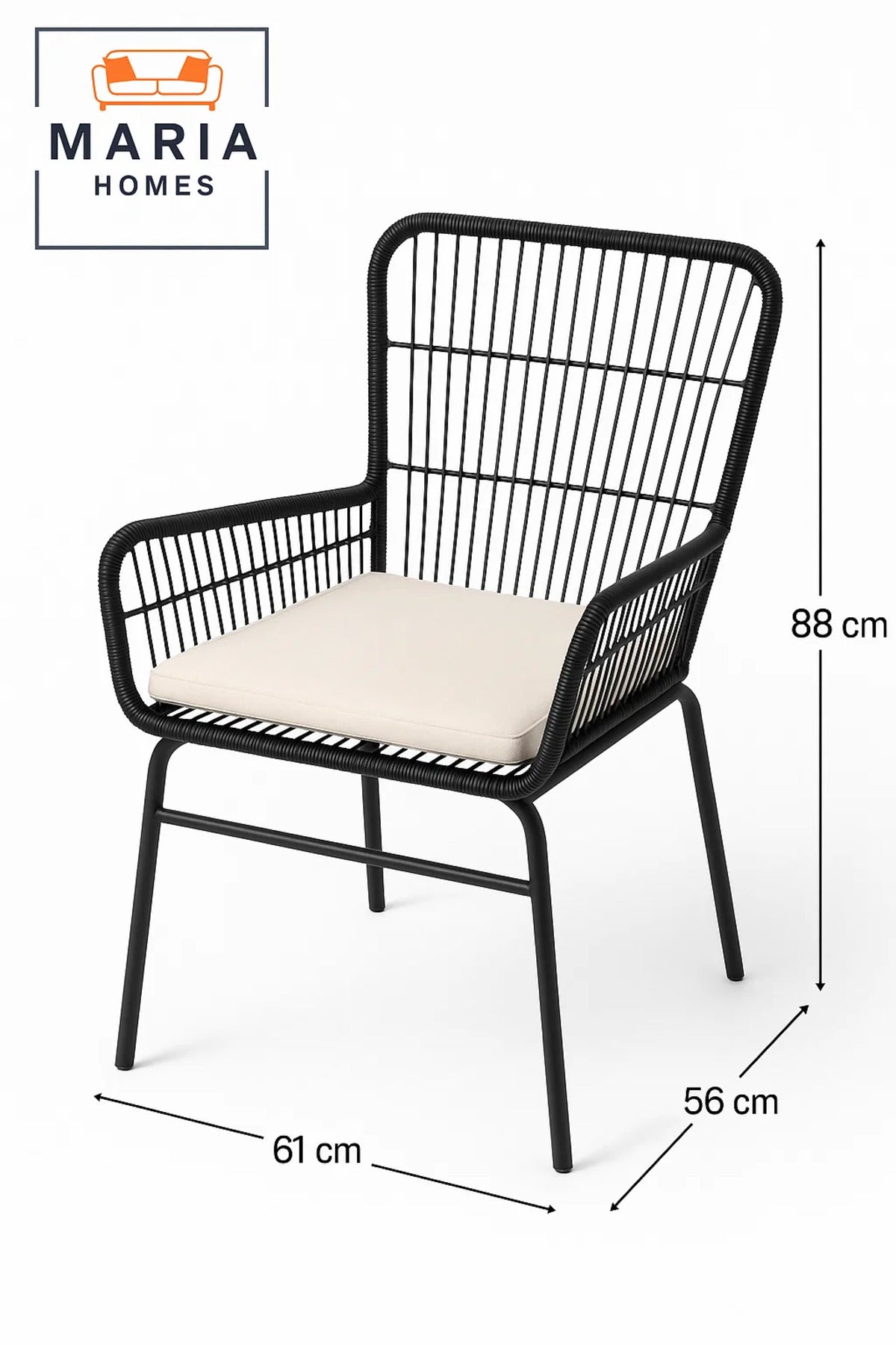 Black Rattan Lounge Chair with Soft Beige Cushion Ð Indoor Outdoor Seating with Metal Frame Design
