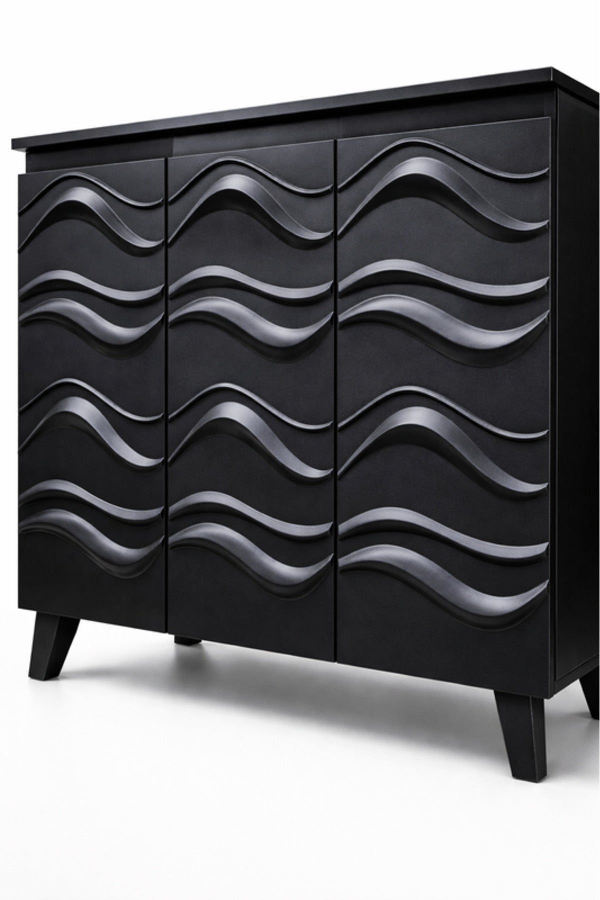 Black Shoe Storage Cabinet with Wave Design Doors 115_34_95 cm Modern Organizer black