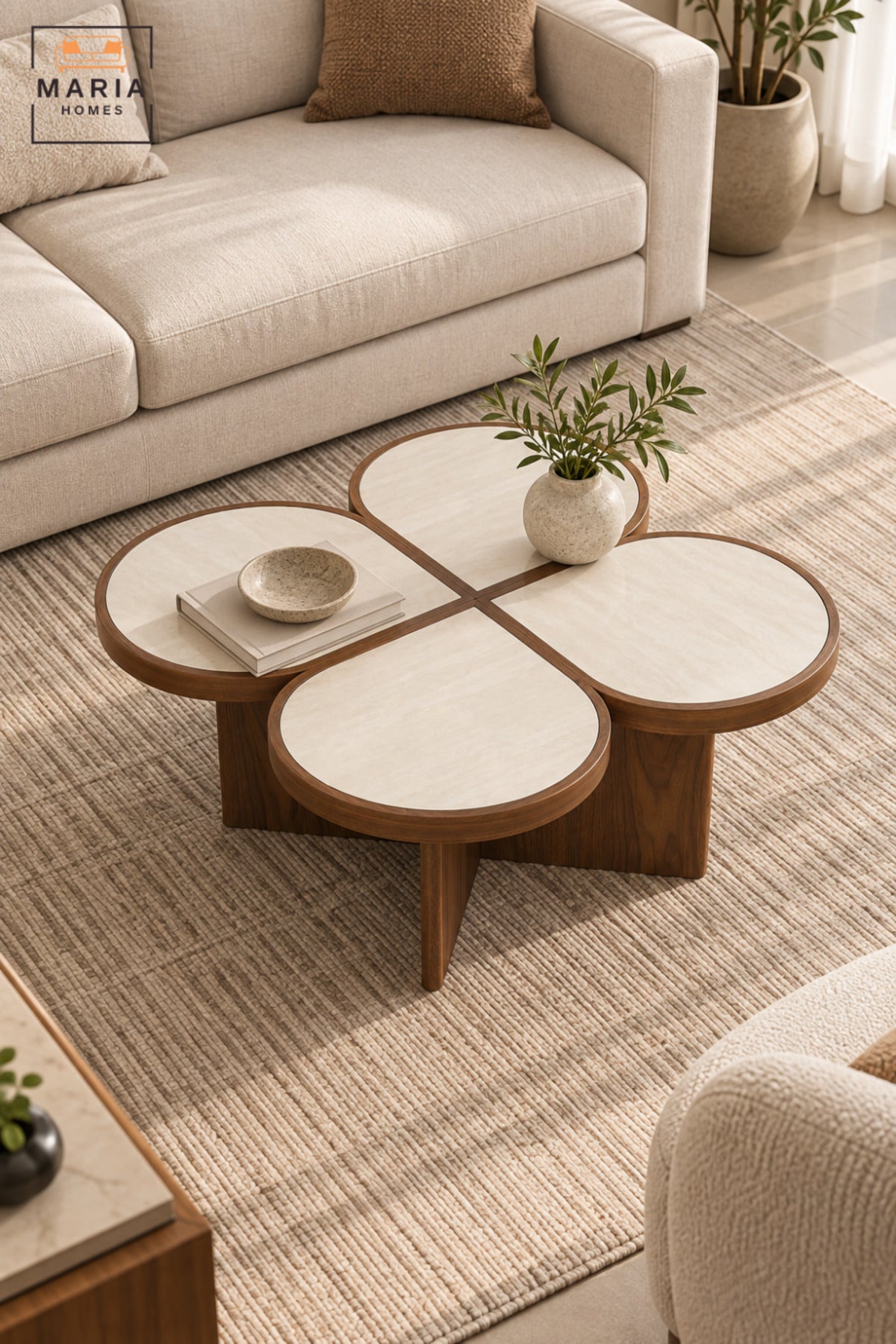 Modern Flower-Shaped Coffee Table with 4 Round Petal Tops, Wood Finish Base and Contemporary Design for Living Room & Lounge – 95.5 × 42 CM