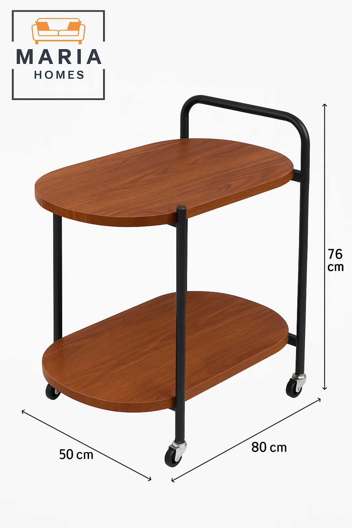 Oval 2-Tier Wooden Bar Cart Ð Walnut Finish Serving Trolley with Black Metal Frame and Wheels