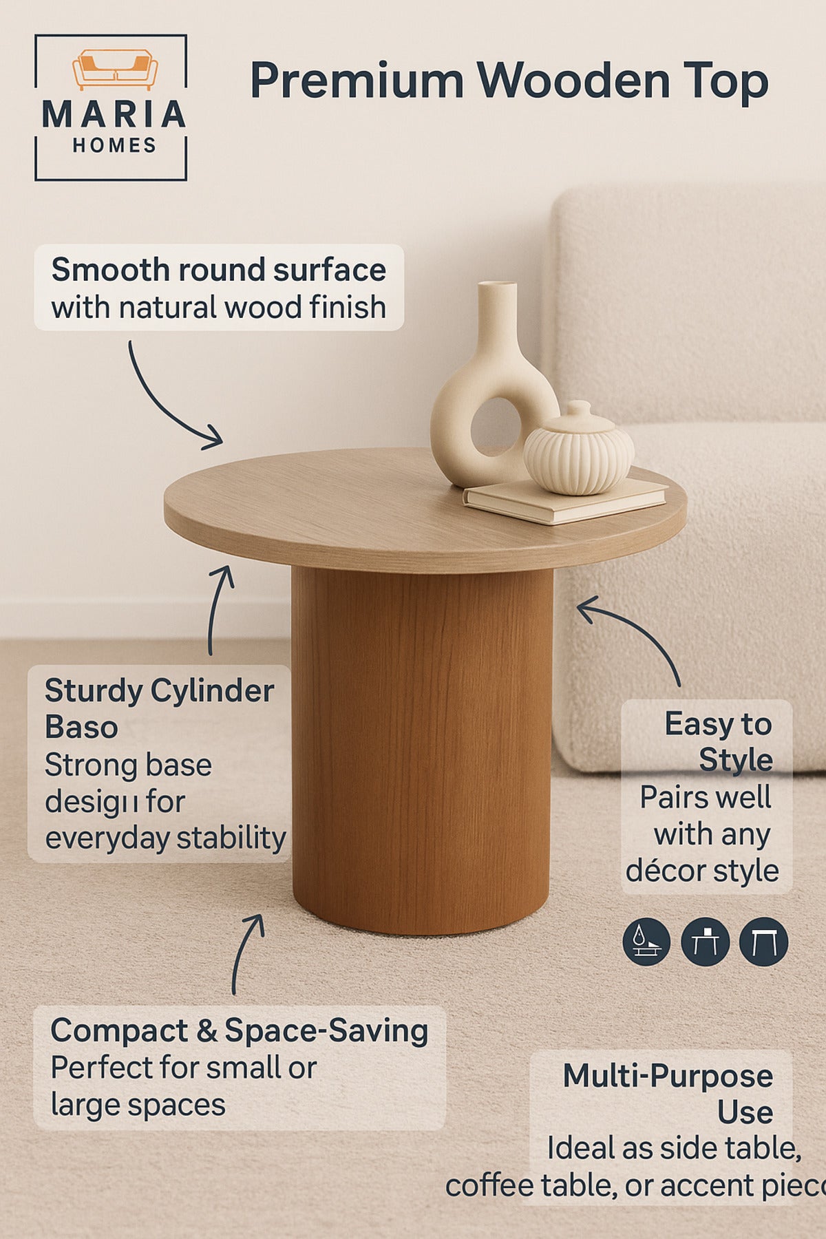 Modern Round Wooden Side Table Ð Brown Coffee Table 50_50 cm for Living Room & Bedroom