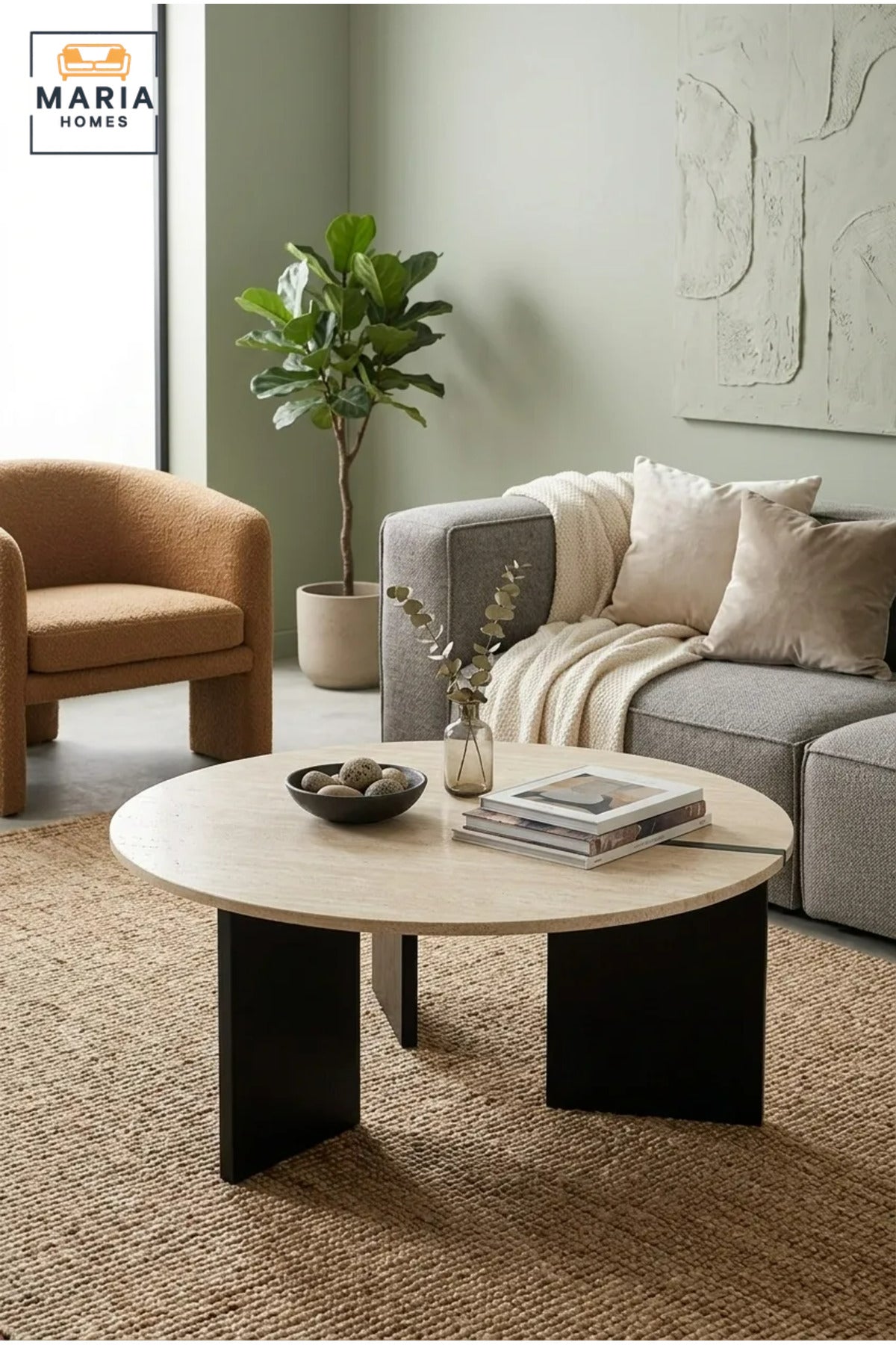Modern Round Coffee Table with Wooden Top and Sculptural Panel Base, Contemporary Center Table for Living Room, Lounge, Apartment and Office