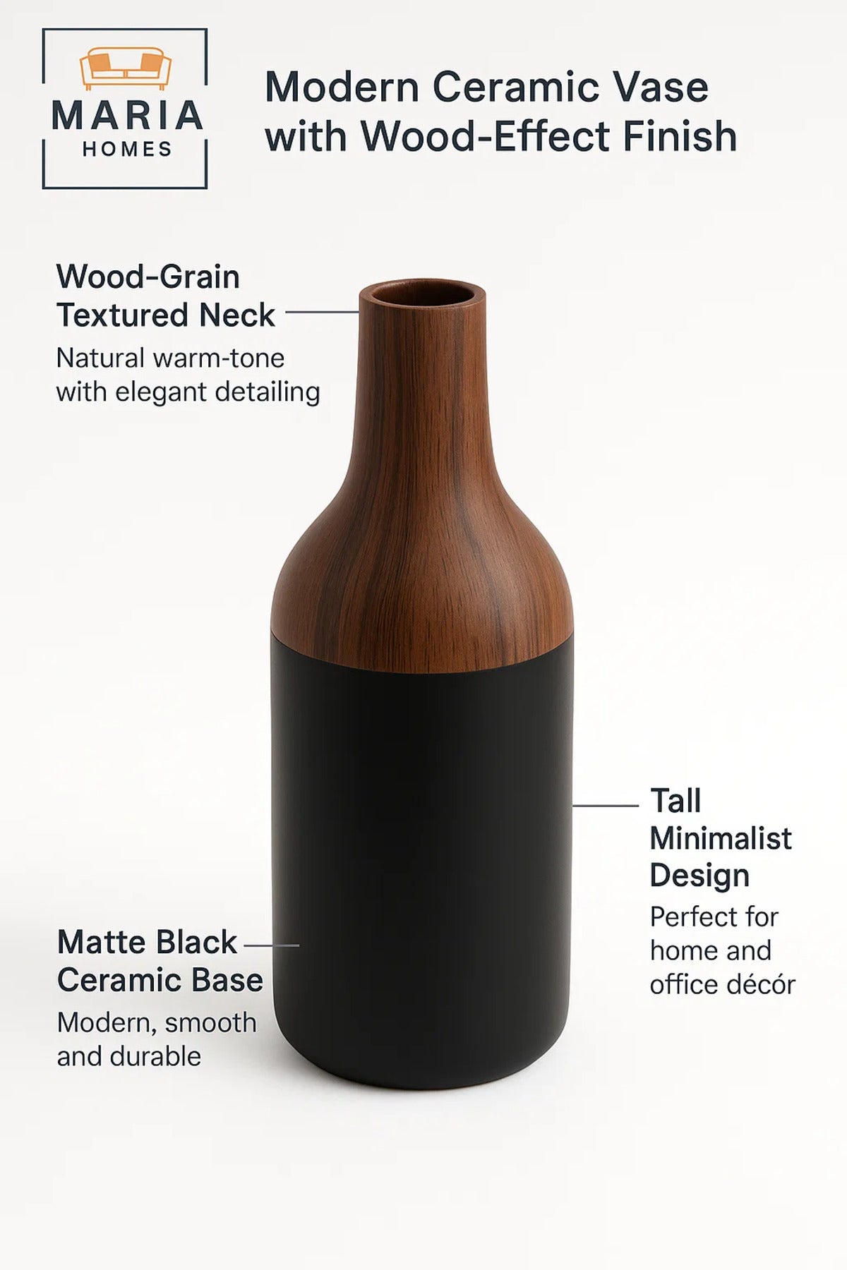 Black and Wood Finish Ceramic Vase Ð Modern Decorative Bottle-Shape Flower Pot