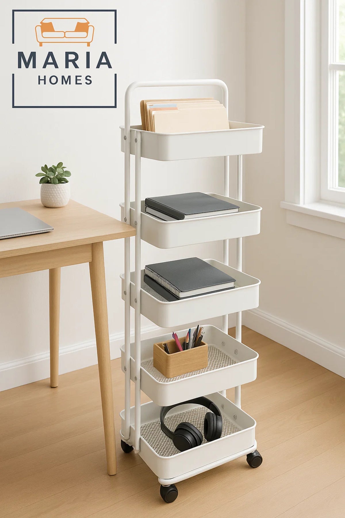 5-Tier Rolling Storage Cart Ð White Metal Wheels for Home, Office, Kitchen Use