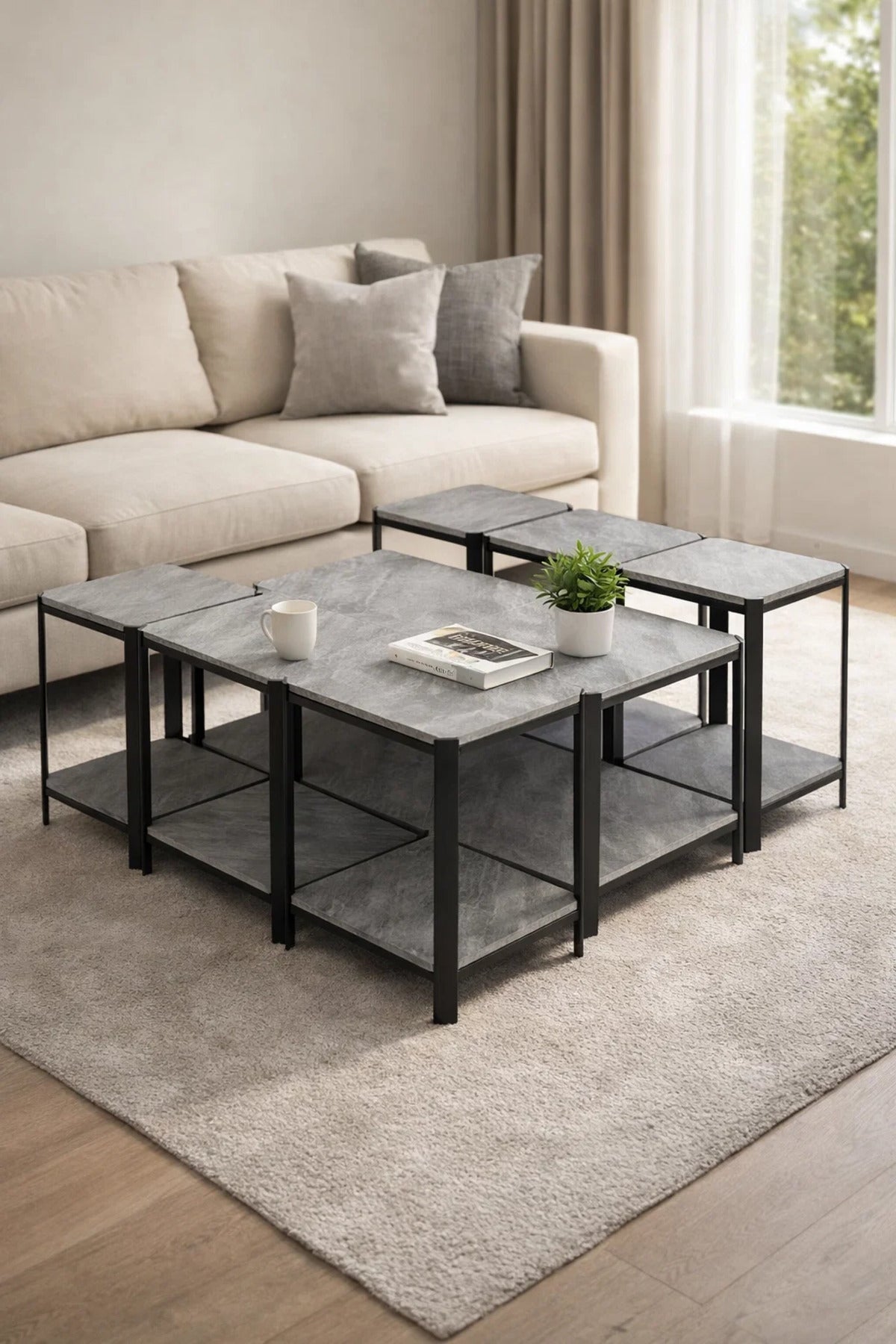 Modern Grey Coffee Table Set with Side Tables and Storage Shelves modern grey coffee