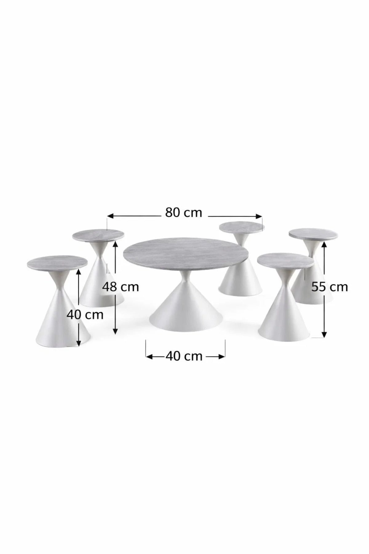 Modern 7-Piece Center Table Set Round Grey Top White Cone Base 1 Large 6 Small for Living Room
