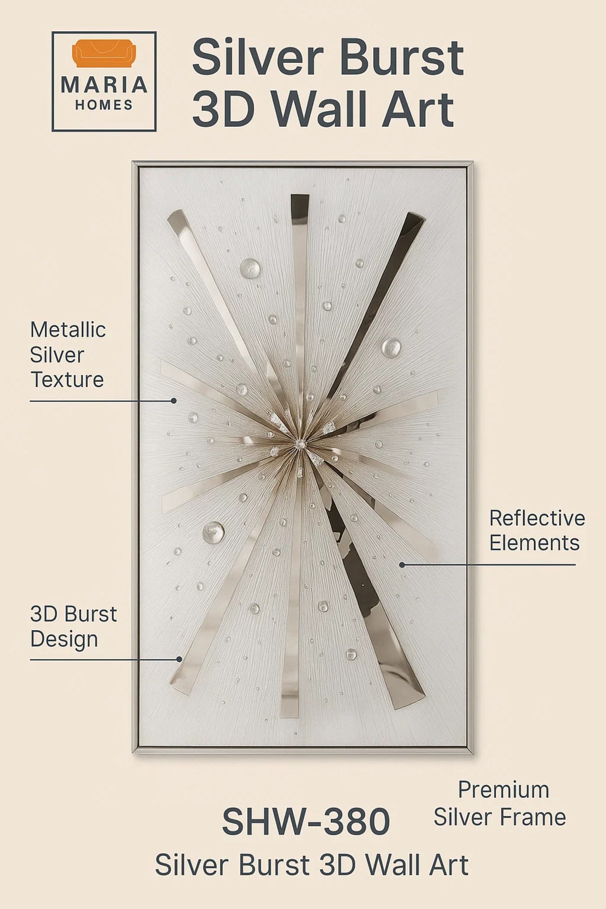 Luxury Silver Burst Wall Art √ê Modern 3D Metallic Decor for Living Room, Bedroom & Office - 70*140CM