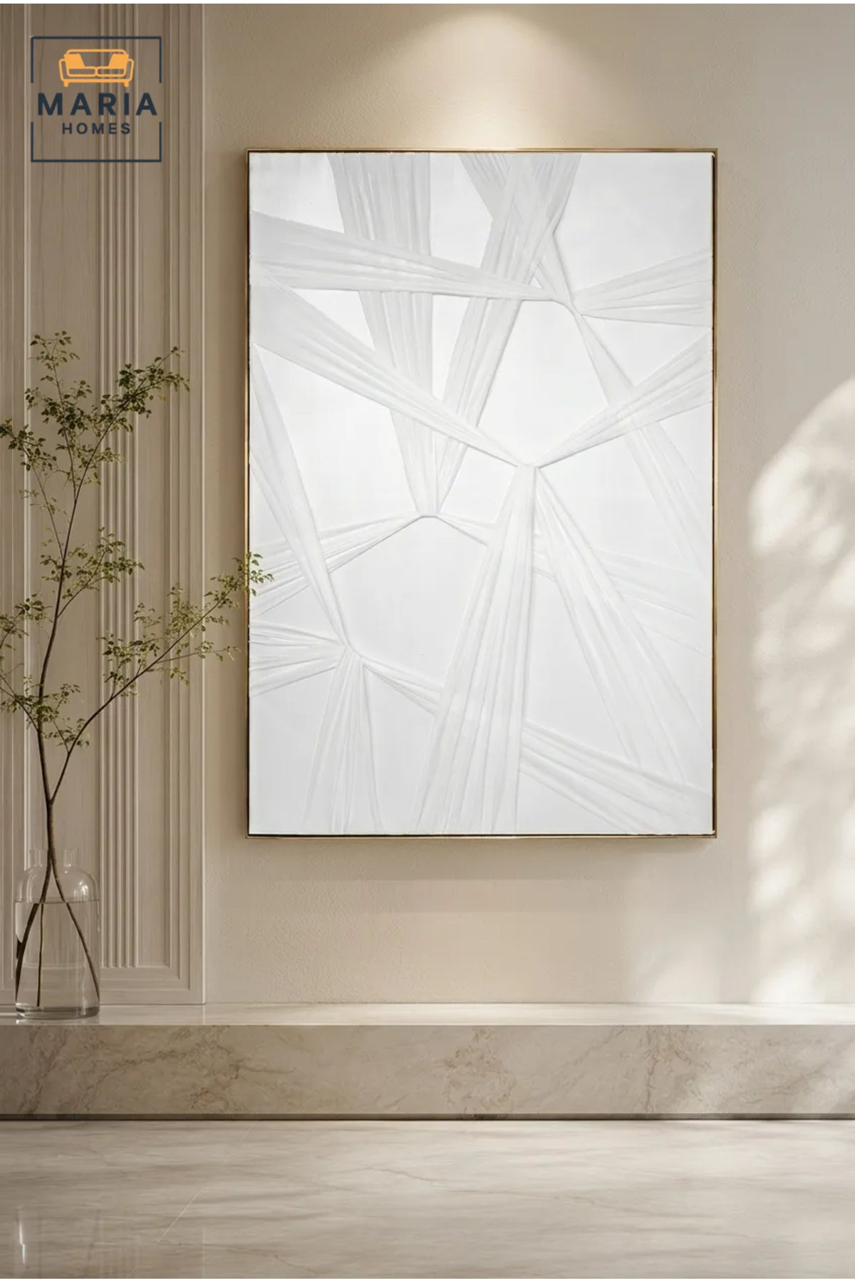 Modern White Geometric Textured Wall Art √ê Minimalist Abstract Framed Decorative Painting for Living Room, Bedroom & Office D≈Ωcor