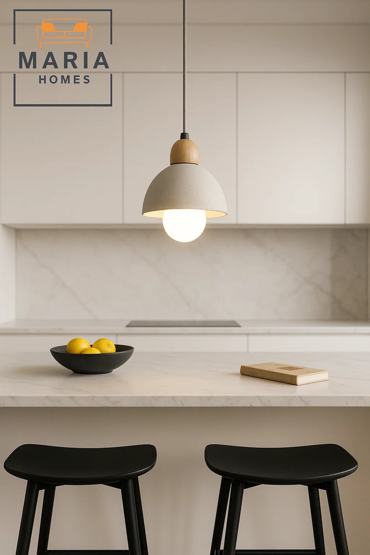 Compact White Dome Pendant Light with Wood Accent