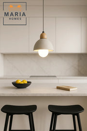 Compact White Dome Pendant Light with Wood Accent