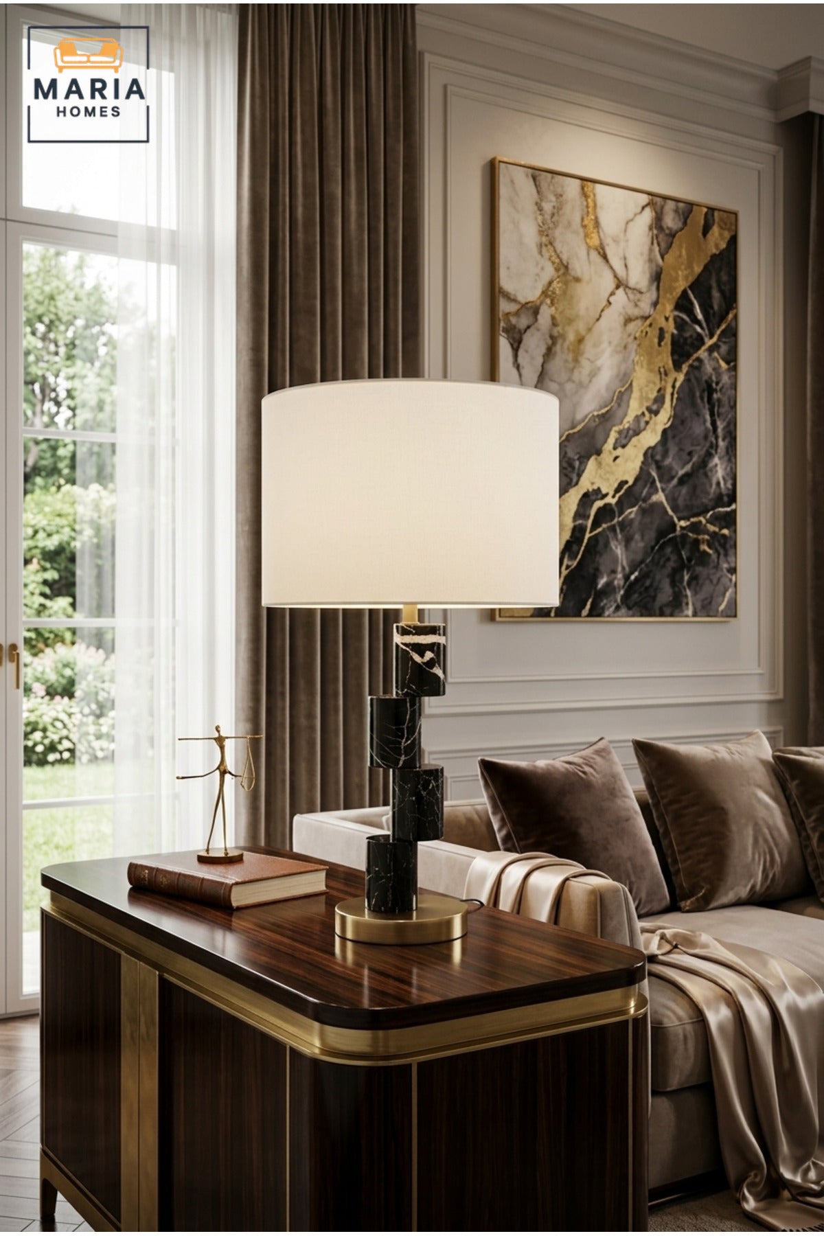 Modern Black Marble Effect Table Lamp with Geometric Column, White Fabric Drum Shade and Gold Base Decorative Bedside Light for Home and Office