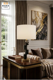 Modern Black Marble Effect Table Lamp with Geometric Column, White Fabric Drum Shade and Gold Base Decorative Bedside Light for Home and Office