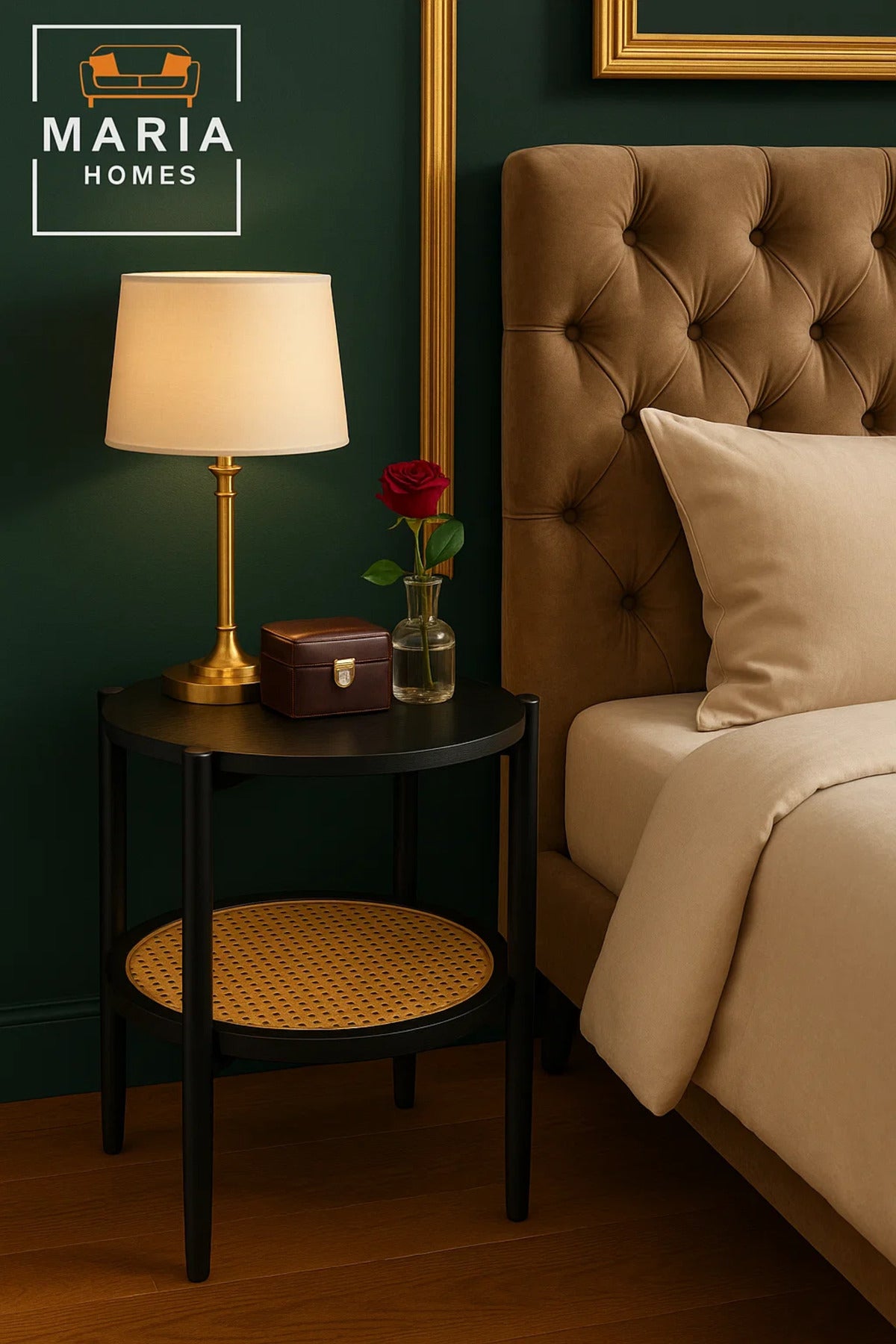 Black Round Side Table with Rattan Shelf Ð Stylish Boho Modern Accent