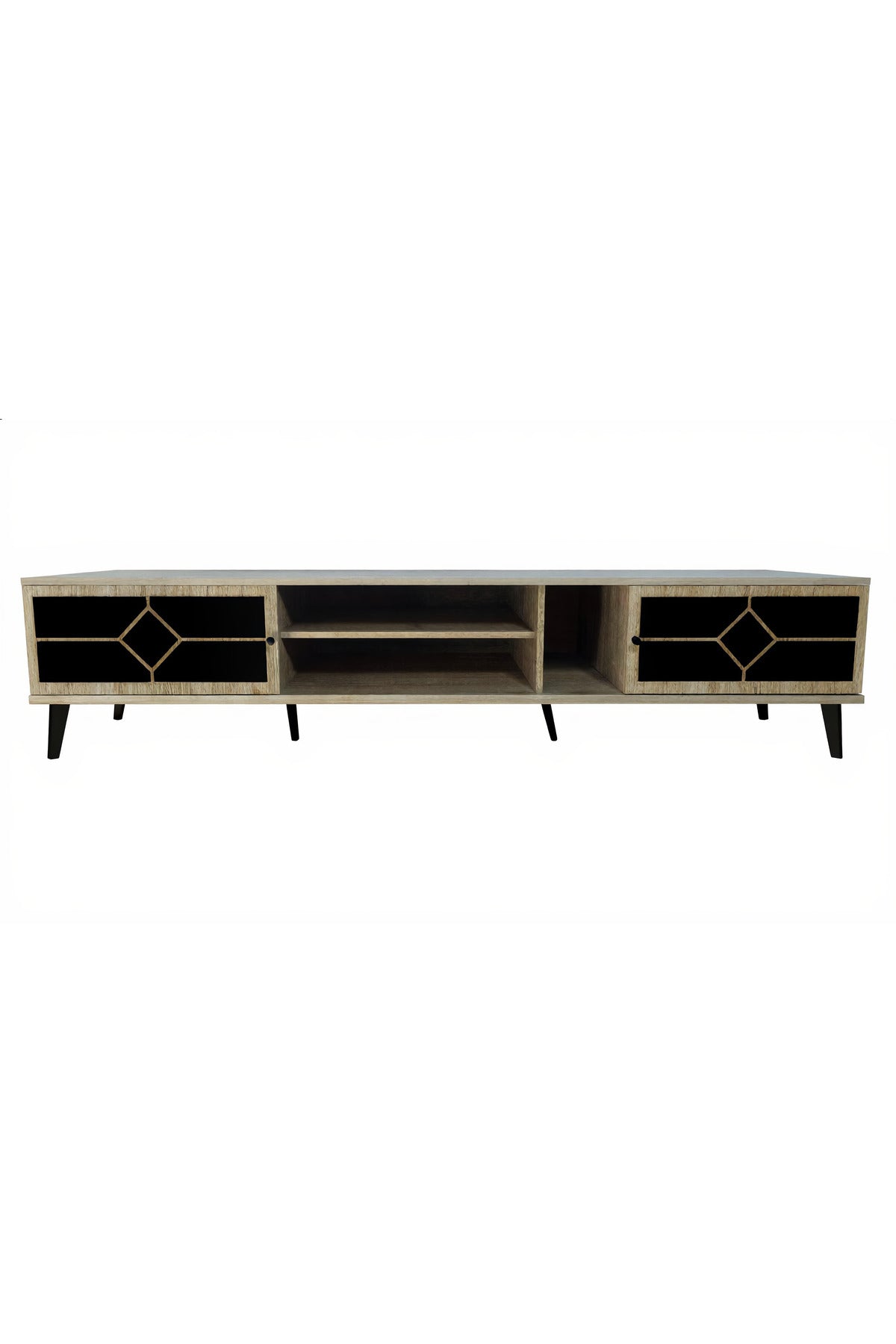Elegant Beige TV Stand Console with Black Diamond Pattern Doors and Gold Tipped Legs 200cm Width