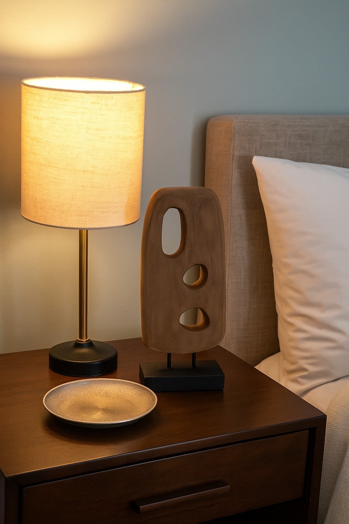 Walnut and Black Wooden Abstract Cut-Out Sculpture on Stand Ð Modern Decorative Accent