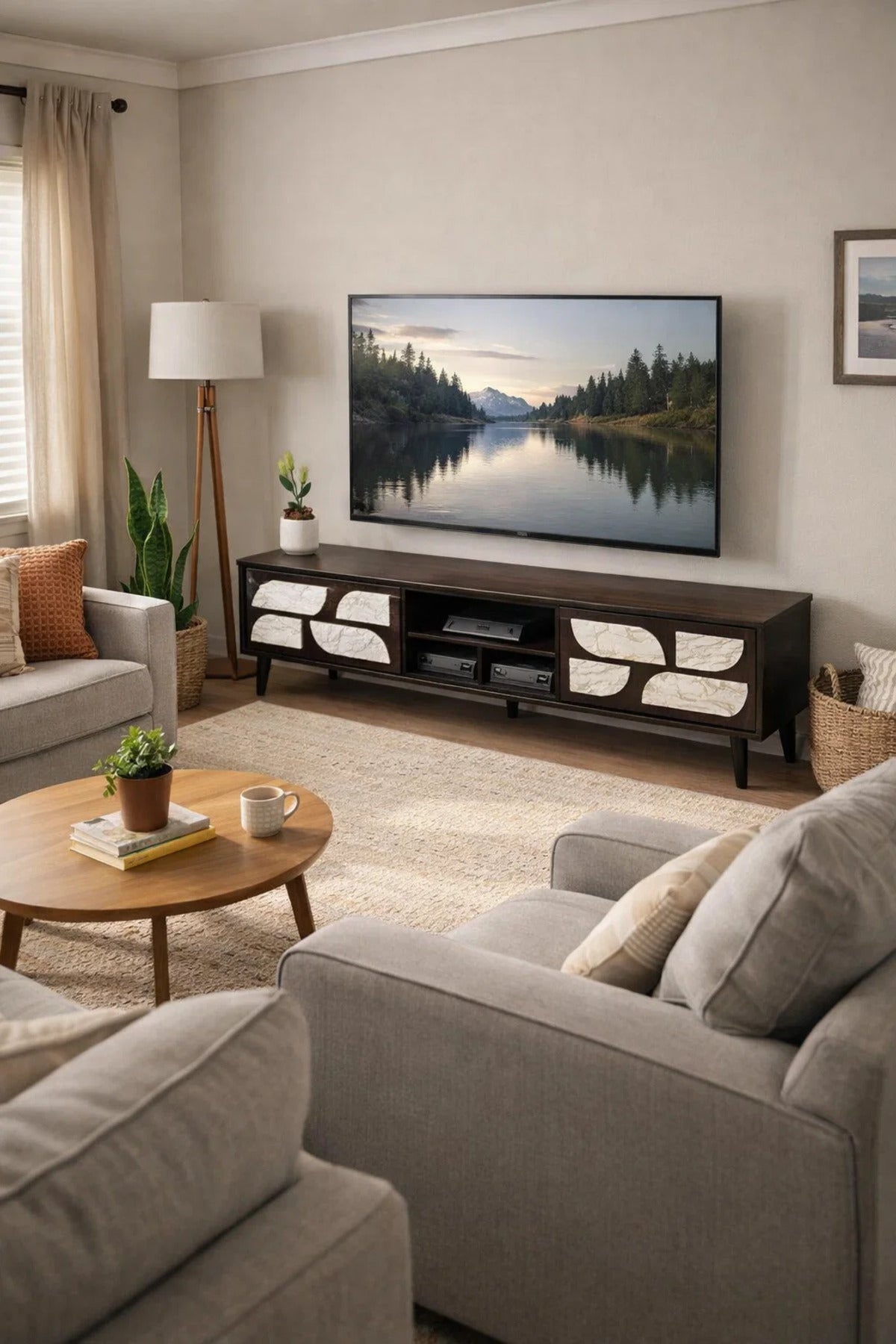 Luxury 200cm TV Table Media Stand with Patterned Doors Dark Brown Finish for Modern Living Rooms