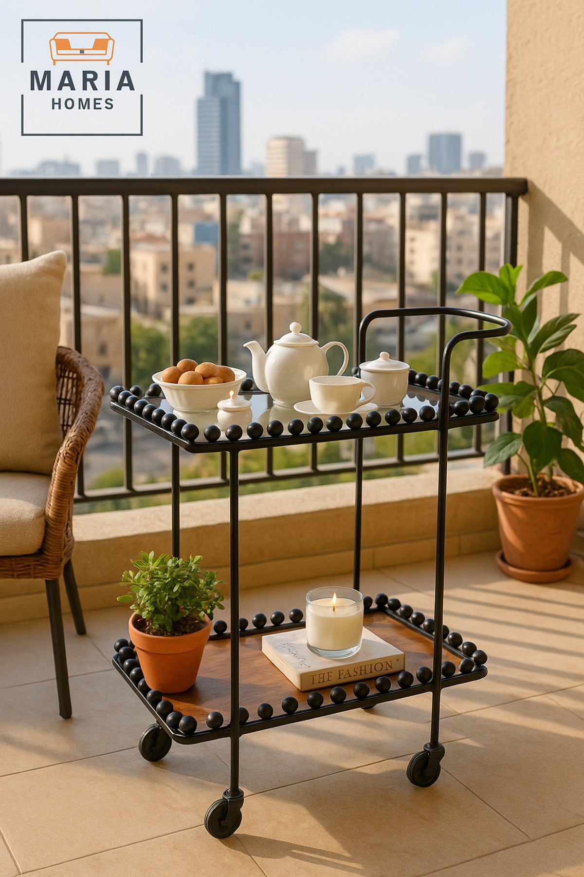 Serving Trolley with Wheels Ð Brown & Black Tea & Coffee Cart for Kitchen & Majlis (70_40_84 cm)