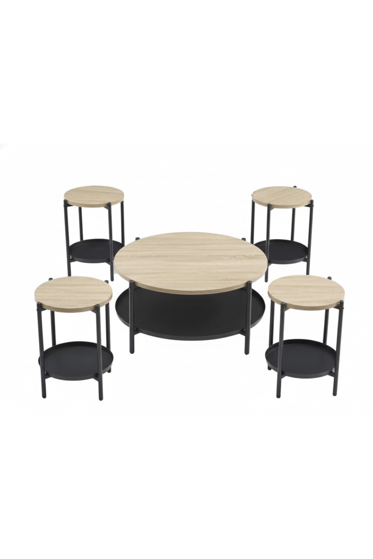 Round Wood Coffee Table Set with 4 Side Tables and Storage Shelf 90 _ 90 _ 45 cm