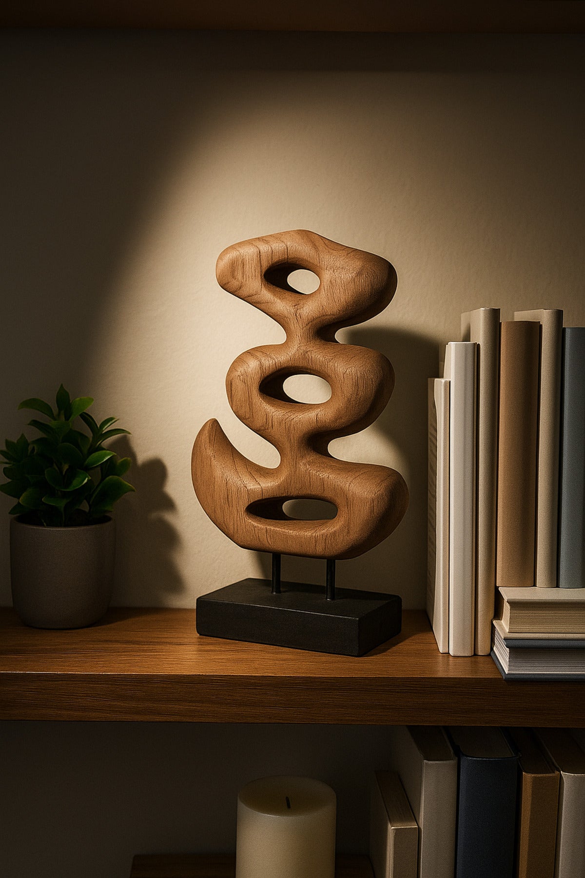 Walnut and Black Wooden Abstract Decorative Sculpture on Stand √ê Modern Art Accent