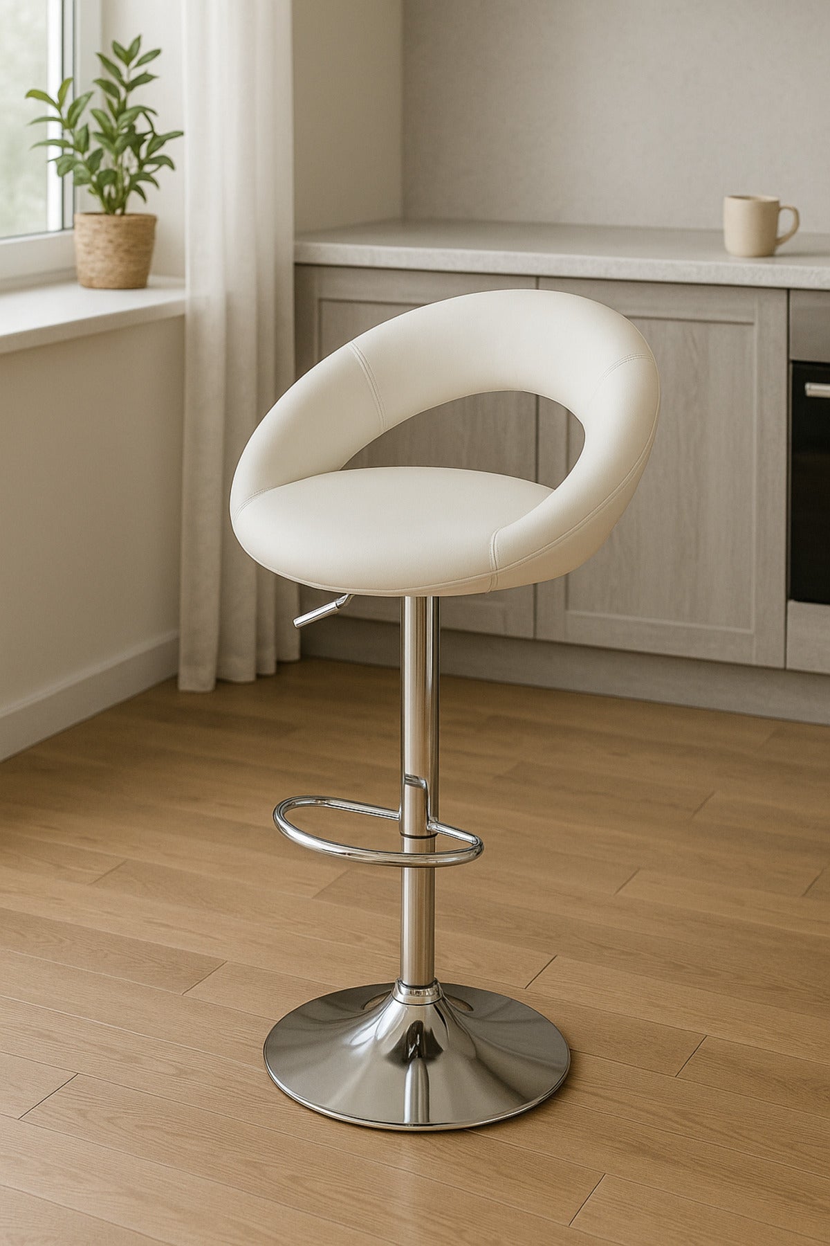 Modern Adjustable White Bar Stool With Chrome Base And Footrest Ð Sleek Seating For Home Or Bar Use