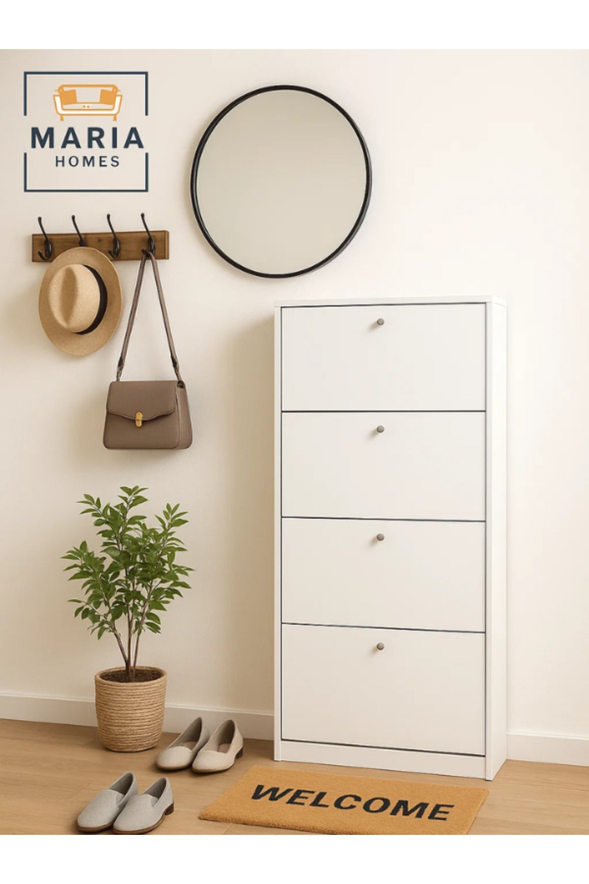 White Wooden Shoe Cabinet Ð 4 Flip Drawers Space Saving Shoe Rack Organizer 62_25_158 cm